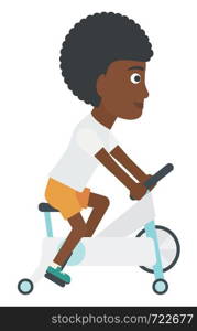 An african-american woman exercising on a elliptical machine vector flat design illustration isolated on white background. . Woman making exercises.