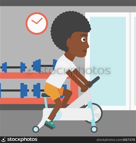 An african-american woman exercising on stationary training bicycle in the gym vector flat design illustration. Square layout.. Woman doing cycling exercise.