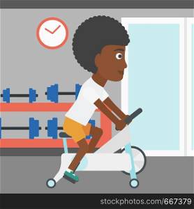 An african-american woman exercising on stationary training bicycle in the gym vector flat design illustration. Square layout.. Woman doing cycling exercise.