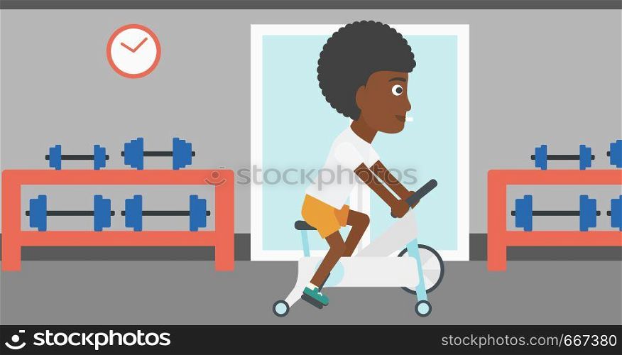 An african-american woman exercising on stationary training bicycle in the gym vector flat design illustration. Horizontal layout.. Woman doing cycling exercise.