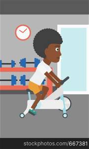 An african-american woman exercising on stationary training bicycle in the gym vector flat design illustration. Vertical layout.. Woman doing cycling exercise.