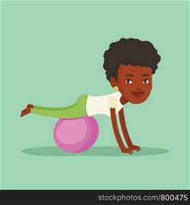 An african-american woman exercising with fitball. Woman training triceps and biceps while doing push ups on fitball. Woman doing exercises on fitball. Vector flat design illustration. Square layout.. Young woman exercising with fitball.