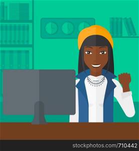 An african-american woman expressing great satisfaction while looking at computer monitor on the background of business office vector flat design illustration. Square layout.. Cheerful successful woman.