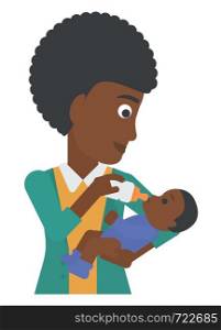 An african-american woman feeding a little baby with a milk bottle vector flat design illustration isolated on white background. . Woman feeding baby.