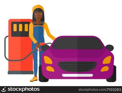 An african-american woman filling up fuel into the car vector flat design illustration isolated on white background. . Woman filling up fuel into car.