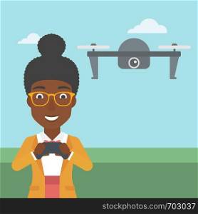An african-american woman flying drone with remote control. Happy woman operating a drone with remote control. Woman controling a drone. Vector flat design illustration. Square layout.. Woman flying drone vector illustration.
