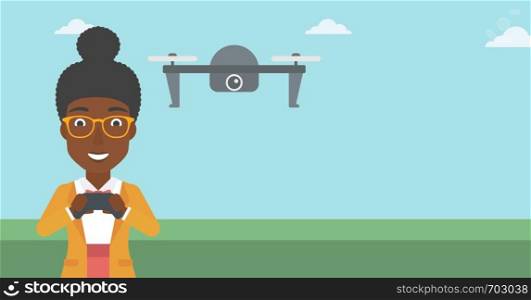 An african-american woman flying drone with remote control. Happy woman operating a drone with remote control. Woman controling a drone. Vector flat design illustration. Horizontal layout.. Woman flying drone vector illustration.