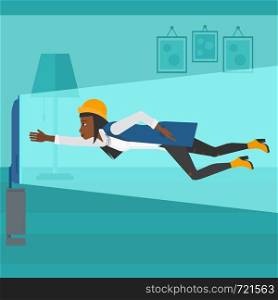 An african-american woman flying in front of TV screen in living room vector flat design illustration. Square layout.. Woman suffering from TV addiction.