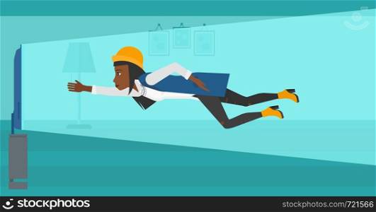 An african-american woman flying in front of TV screen in living room vector flat design illustration. Horizontal layout.. Woman suffering from TV addiction.