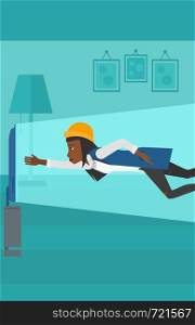 An african-american woman flying in front of TV screen in living room vector flat design illustration. Square layout.. Woman suffering from TV addiction.