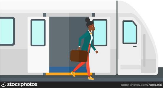 An african-american woman going out of the train vector flat design illustration isolated on white background.. Woman going out of train.