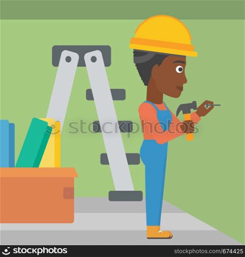 An african-american woman hitting a nail in the wall with a hummer on a background of room with step-ladder vector flat design illustration. Square layout.. Constructor hammering nail.