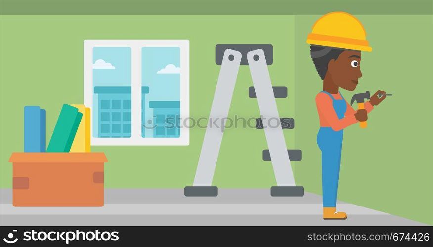 An african-american woman hitting a nail in the wall with a hummer on a background of room with step-ladder vector flat design illustration. Horizontal layout.. Constructor hammering nail.