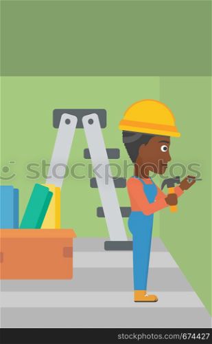 An african-american woman hitting a nail in the wall with a hummer on a background of room with step-ladder vector flat design illustration. Vertical layout.. Constructor hammering nail.