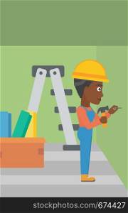 An african-american woman hitting a nail in the wall with a hummer on a background of room with step-ladder vector flat design illustration. Vertical layout.. Constructor hammering nail.
