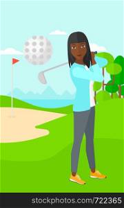 An african-american woman hitting the ball on golf field vector flat design illustration. Vertical layout.. Golf player hitting the ball.