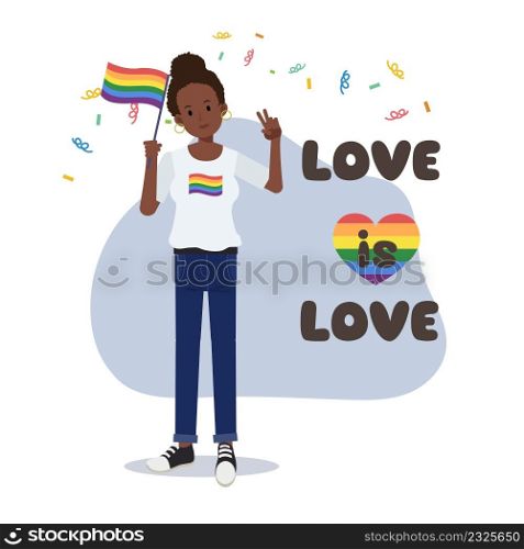 An African american woman hold signs with lgbt rainbow and transgender flag ,celebrate pride month ,human rights. Equality and homosexuality.Flat vector cartoon character illustration.