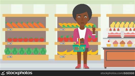 An african-american woman holding a basket full of healthy food and refusing junk food on a supermarket background vector flat design illustration. Horizontal layout.. Woman holding supermarket basket.