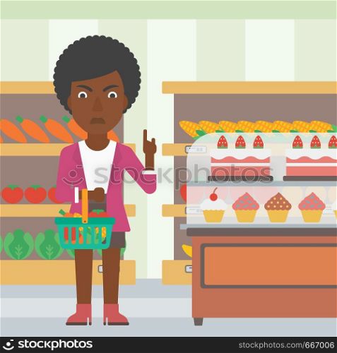 An african-american woman holding a basket full of healthy food and refusing junk food on a supermarket background vector flat design illustration. Square layout.. Woman holding supermarket basket.