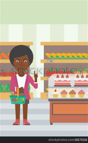 An african-american woman holding a basket full of healthy food and refusing junk food on a supermarket background vector flat design illustration. Vertical layout.. Woman holding supermarket basket.