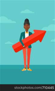 An african-american woman holding a big arrow in hands on the background of blue sky vector flat design illustration. Vertical layout.. Successful business woman with arrow up.