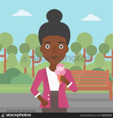 An african-american woman holding a big icecream in hand on a park background vector flat design illustration. Square layout.. Woman holding icecream.