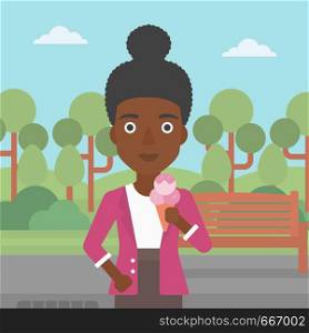An african-american woman holding a big icecream in hand on a park background vector flat design illustration. Square layout.. Woman holding icecream.