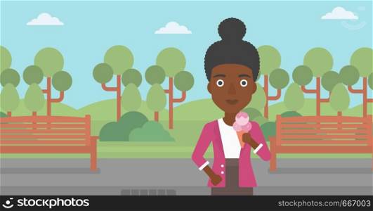 An african-american woman holding a big icecream in hand on a park background vector flat design illustration. Horizontal layout.. Woman holding icecream.