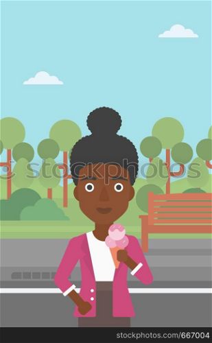 An african-american woman holding a big icecream in hand on a park background vector flat design illustration. Vertical layout.. Woman holding icecream.