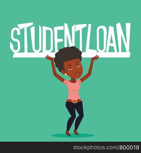 An african-american woman holding a heavy sign of student loan. Tired woman carrying heavy sign - student loan. Concept of the high cost of student loan. Vector flat design illustration. Square layout. Woman holding sign of student loan.