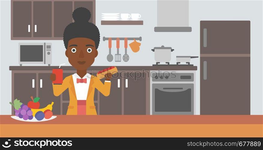 An african-american woman holding a hotdog in one hand and soda in another on a kitchen background vector flat design illustration. Horizontal layout.. Woman with fast food.