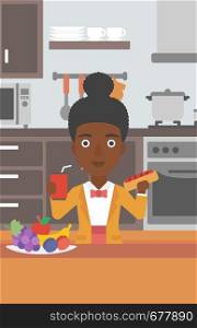 An african-american woman holding a hotdog in one hand and soda in another on a kitchen background vector flat design illustration. Vertical layout.. Woman with fast food.