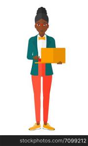 An african-american woman holding a laptop in hands vector flat design illustration isolated on white background. . Woman using laptop.