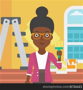 An african-american woman holding a paint brush on a background of room with paint cans and ladder vector flat design illustration. Square layout.. Painter with paint brush.