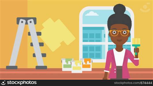 An african-american woman holding a paint brush on a background of room with paint cans and ladder vector flat design illustration. Horizontal layout.. Painter with paint brush.