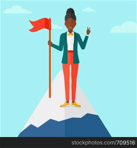 An african-american woman holding a red flag on the top of the mountain on the background of blue sky vector flat design illustration. Square layout.. Cheerful leader woman.