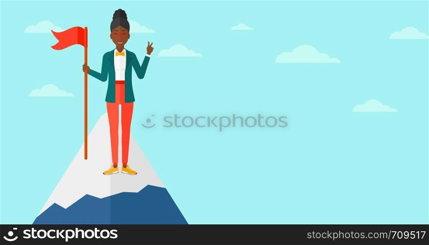 An african-american woman holding a red flag on the top of the mountain on the background of blue sky vector flat design illustration. Horizontal layout.. Cheerful leader woman.