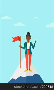 An african-american woman holding a red flag on the top of the mountain on the background of blue sky vector flat design illustration. Vertical layout.. Cheerful leader woman.
