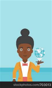 An african-american woman holding a smartphone with a model of planet earth above the device. International technology communication concept. Vector flat design illustration. Vertical layout.. International technology communication.