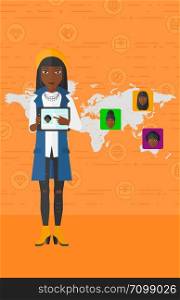 An african-american woman holding a tablet computer and avatars on the map behind her on an orange background with business icons vector flat design illustration. Vertical layout.. Woman holding tablet computer with social media source.