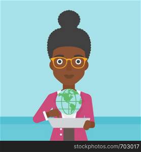 An african-american woman holding a tablet computer with a model of planet earth above the device. International technology communication concept. Vector flat design illustration. Square layout.. International technology communication.