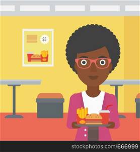 An african-american woman holding a tray full of junk food on a cafe background vector flat design illustration. Square layout.. Woman with fast food.