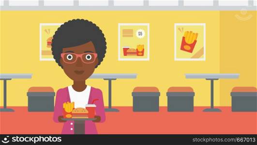 An african-american woman holding a tray full of junk food on a cafe background vector flat design illustration. Horizontal layout.. Woman with fast food.