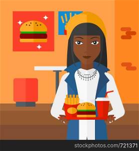 An african-american woman holding a tray full of junk food on a cafe background vector flat design illustration. Square layout.. Woman with fast food.