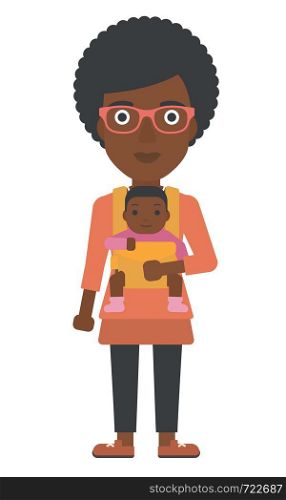 An african-american woman holding baby in sling vector flat design illustration isolated on white background. . Woman holding baby in sling.