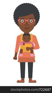 An african-american woman holding baby in sling vector flat design illustration isolated on white background. . Woman holding baby in sling.
