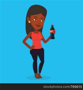 An african-american woman holding fresh soda beverage at glass bottle. Young woman standing with bottle of soda. Woman drinking brown soda from bottle. Vector flat design illustration. Square layout.. Young woman drinking soda vector illustration.
