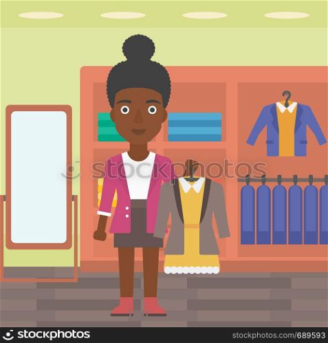 An african-american woman holding hanger with dress and jacket. Woman choosing dress at clothing store. Shop assistant offering suit jacket and dress. Vector flat design illustration. Square layout.. Woman holding dress with jacket.