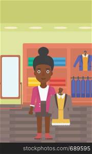 An african-american woman holding hanger with dress and jacket. Woman choosing dress at clothing store. Shop assistant offering suit jacket and dress. Vector flat design illustration. Vertical layout.. Woman holding dress with jacket.