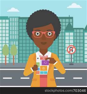 An african-american woman holding modular phone. An african-american woman with modular phone standing on a city background. Woman using modular phone. Vector flat design illustration. Square layout.. Woman with modular phone vector illustration.